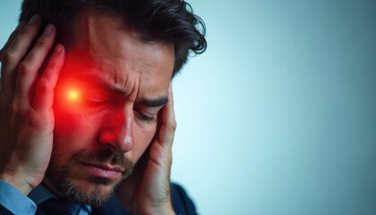 Man rubs temples with eyes closed, experiencing severe headache. Red light highlights his pain, showing stress from career pressures and mental strain.