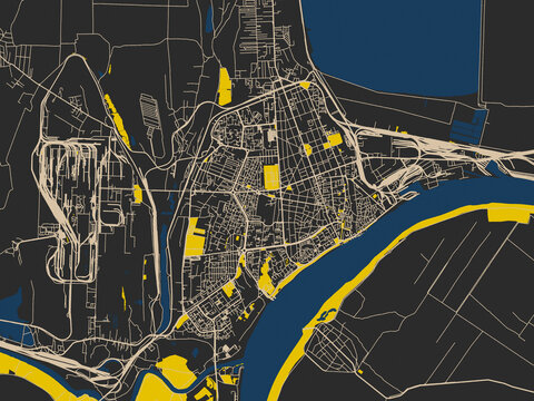 Poster-style map of Galati, Romania using noir yellow color palette