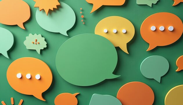 Colorful speech bubbles with dots and exclamation marks communicate ideas and messages. These shapes represent chat conversation, discussion, and social media interaction on a green backdrop.