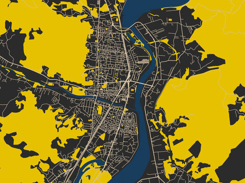 Flat city map of Ramnicu Valcea, Romania in noir yellow color palette