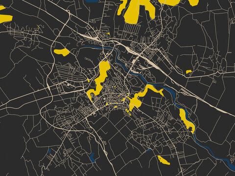 Abstract city map of Suceava, Romania with charcoal base with cream streets
