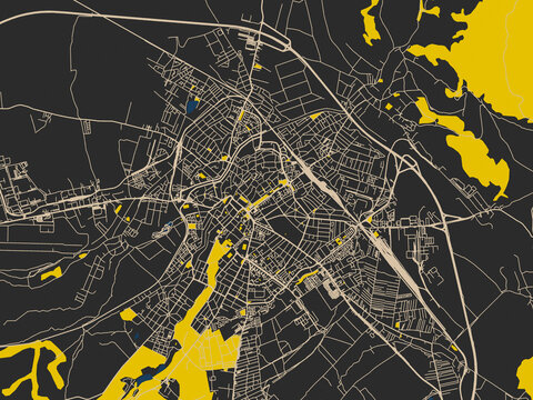Modern graphic street map of Sibiu, Romania, with graphite black base with warm cream road network, signal-yellow open areas and inky blue waterways