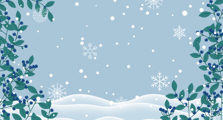 Winter background with branches and berries. Falling snow with snowflakes. Winter snowy background for banner, poster, wallpaper, greeting card, advertising