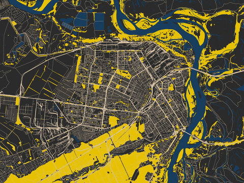 Flat city map of Barnaul, Russian Federation &mdash; near-black map field with ivory road grid, bright yellow blocks and dark blue rivers and harbors
