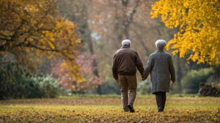 Obraz premium Elderly Couple Walking Hand in Hand in Autumn Park with Colorful Trees and Fallen Leaves