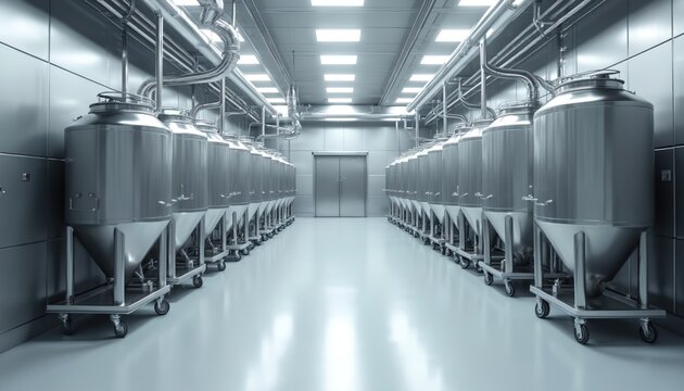 Clean industrial kitchen with rows of stainless steel mixing tanks and pipes. Modern machinery in food beverage pharmaceutical factory, sterile production. - Powered by Adobe