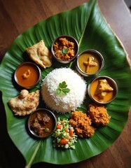 Indian meal served on banana leaf. White rice, curries, meat dish, samosa, and vegetable salad with naan. Delicious food arranged artistically for a cultural dining experience.
