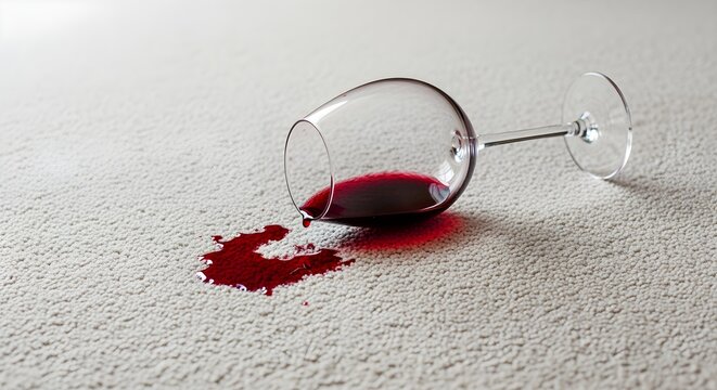 A shattered wine glass lies tilted across a light beige carpet, its deep red liquid spreading in an irregular stain as it drips onto the fibers below