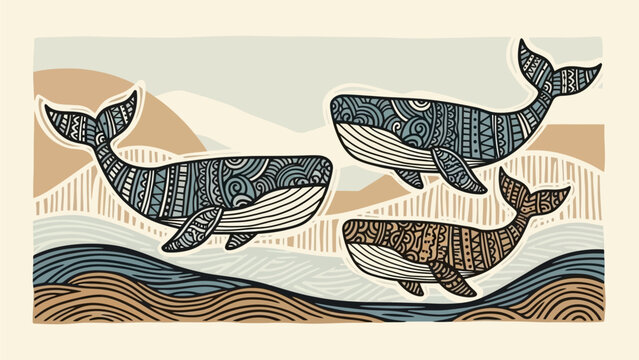 Stylized illustration of three patterned whales swimming in a calm ocean with abstract waves and land formations in a muted color palette.