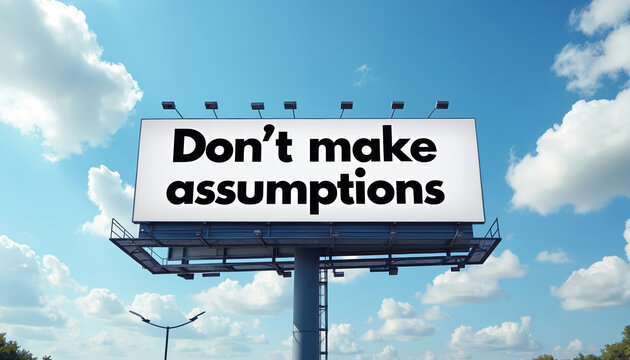 Billboard with text Not make assumptions against blue sky with clouds. Simple message for avoiding misunderstandings, seeking clarity. Encourages open communication, fact-checking for better