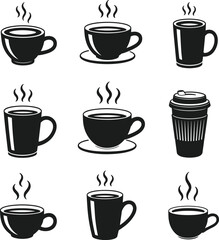 Set of steaming coffee cups and mugs, hot beverage icons, espresso, cappuccino, takeaway cup vector illustration, morning drink design
