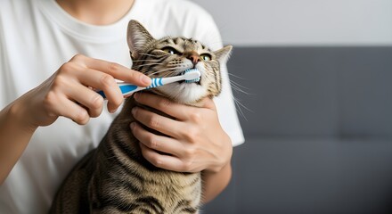 A person in a white shirt gently holds a tabby cat while brushing its teeth with a blue and white toothbrush