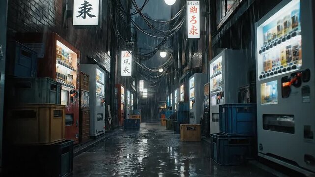 Urban street scene at night with rows of illuminated vending machines and overhead lighting