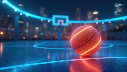 Basketball with glowing orange lines sits on futuristic court. Neon blue lights illuminate court. City skyline visible in background night scene.