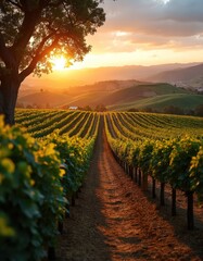 Naklejka premium Golden sunset illuminates rolling hills of vineyard rows. Sunlight shines through large tree branches, casting warm light on fertile soil. Napa Valley farm landscape at twilight.