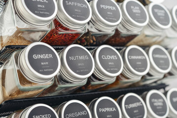 Assorted spices in glass jars with metal lids