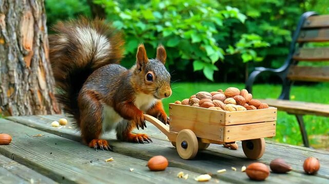 Squirrel pushing tiny wooden cart full of nuts on weathered picnic table with lush green garden background and park bench suggesting autumn preparation wildlife animal hoarding nature scene