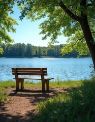Fototapeta premium Wooden bench sits by tranquil blue lake under green trees. Sunny day invites rest near calm water and forest. Peaceful nature scene for outdoor relaxation and quiet contemplation.
