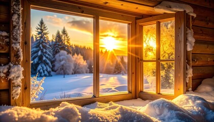 Winter sunrise through snowy cabin window