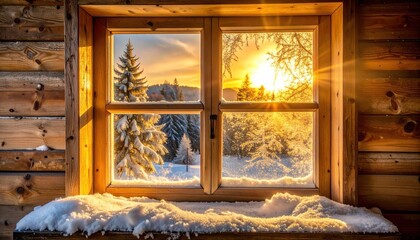 Winter sunrise through wooden window