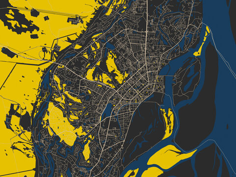 Abstract city map of Yakutsk, Russian Federation with charcoal base with cream streets