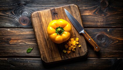 Yellow bell pepper sliced on cutting board