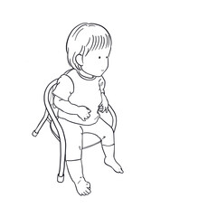 Monochrome line art illustration of a young child sitting on a small chair
