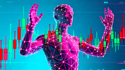 Artificial intelligence trading bot interacting with financial candlestick charts representing cryptocurrency or stock market analysis and futuristic digital investment strategies for global finance