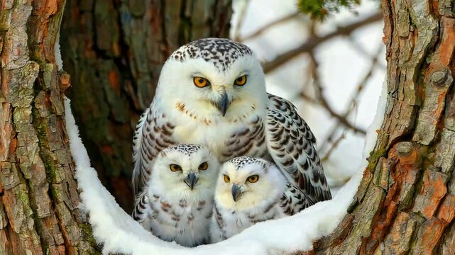 Snowy owl family portrait mother and owlets nestled in a snowcovered tree hollow winter wildlife nature bird of prey arctic camouflage beautiful stunning eyes feathers
