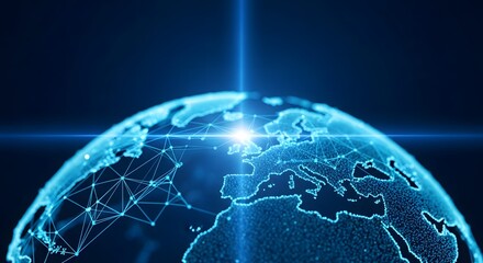 Futuristic earth with glowing digital network and bright light beam illustration