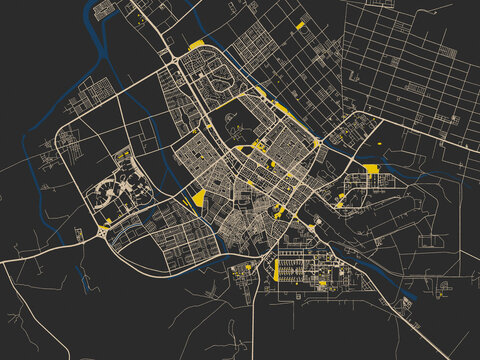 Abstract city map of Tabuk, Saudi Arabia with dark map with yellow accents