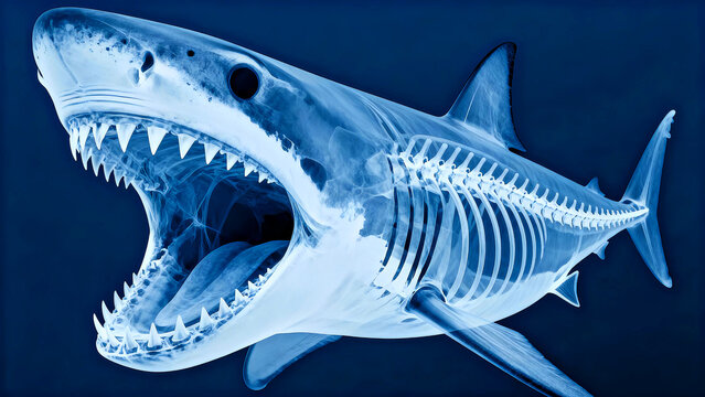Xray image of great white shark skeleton showing menacing jaws sharp teeth cartilaginous structure dorsal fin caudal fin pectoral fins deep blue background marine biology ocean predator anatomy scienc