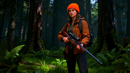 Female survivalist holding a scoped rifle stands ready in a dense dark forest wearing an orange beanie and brown jacket representing adventure exploration wilderness defense and postapocalyptic themes