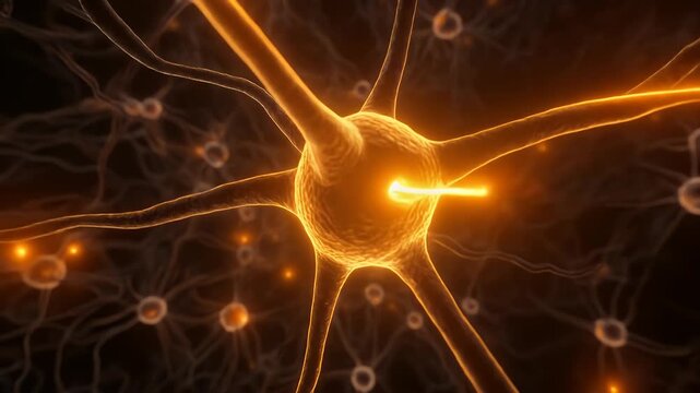 Illuminated brain cell firing within an intricate neural network, symbolizing complex cognitive functions, thought processes, and the dynamic flow of information