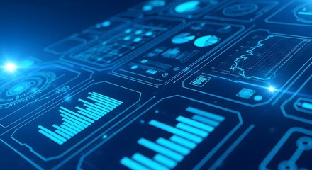 Abstract digital circuit board with glowing blue lines and data visualization elements