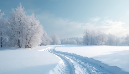Fototapeta premium Snowy path winds through frosted trees under pale blue winter sky. Untouched snow blankets the field creating a peaceful, cold natural scene. Serene, white landscape with bare branches.