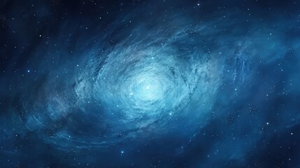 A majestic swirling blue galaxy illuminated by a bright, radiant core in the vast expanse of the cosmos.