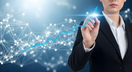 Businesswoman interacting with a futuristic digital network and glowing data streams