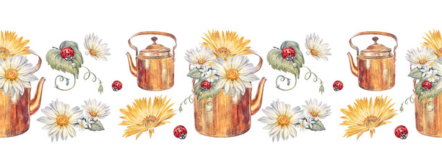 Watercolor seamless border with bouquet yellow chamomile and red ladybug in teapot on white background. Hand-drawn summer bloom flower chrysanthemum for card. Rim for wedding. Wallpaper or wrapping