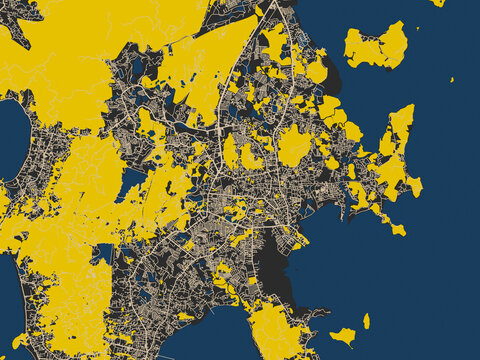 Modern graphic street map of Phuket, Thailand, with matte charcoal landmass with pale cream street lines, bold yellow accents and navy-blue water shapes