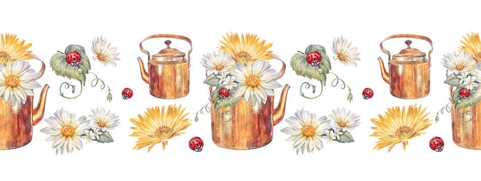 Watercolor seamless border with bouquet yellow chamomile and red ladybug in teapot on white background. Hand-drawn summer bloom flower chrysanthemum for card. Rim for wedding. Wallpaper or wrapping