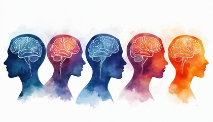 Colorful abstract watercolor profiles display human brains. Illustrations represent neurological conditions, mental health, cognitive disorders. Variety of colors signifies different conditions