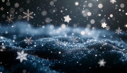 An artistic winter background featuring sparkling snow particles and soft bokeh lights over a textured dark surface. The atmosphere feels calm, magical, and reminiscent of a winter night. Subtle glitt