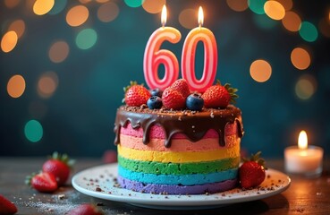 Rainbow layered cake with chocolate glaze and fresh berries. Two candles show number sixty. Festive blurred lights create celebratory mood. This is a treat for 60th birthday celebration.