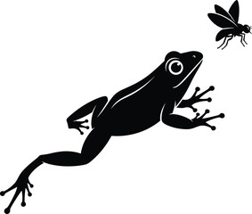 Silhouette frog jumping to catch a fly illustration, wildlife nature concept, animal behavior, predator and prey, amphibian hunting vector design