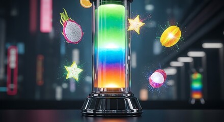 Abstract Neon Gradient Energy Tower with Floating Exotic Fruits and Stars