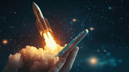 Rocket Launching from a Handheld Device into the Night Sky.
