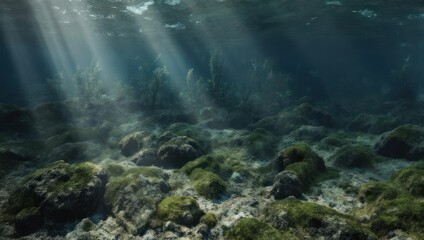 Sunlight filtering through clear ocean water onto a rocky seabed.