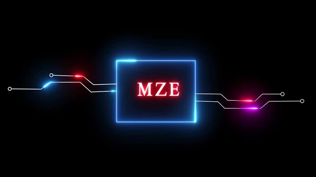 Neon text animation on black background. MZE - neon text animation. Glowing neon line technology animation.