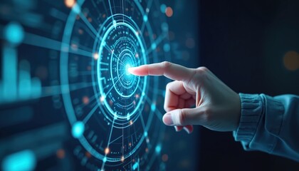Hand touches glowing blue futuristic interface panel. Digital screen displays complex data grid and connection points. Virtual reality tech background shows innovation and cyber communication.